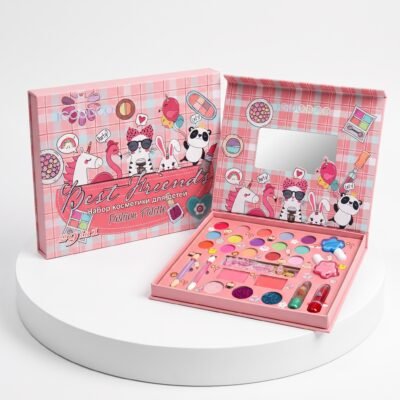Pink 29-in-1 kids washable makeup kit and girls cosmetic play set featuring non-toxic eyeshadow, blush, and nail polish for safe pretend play.