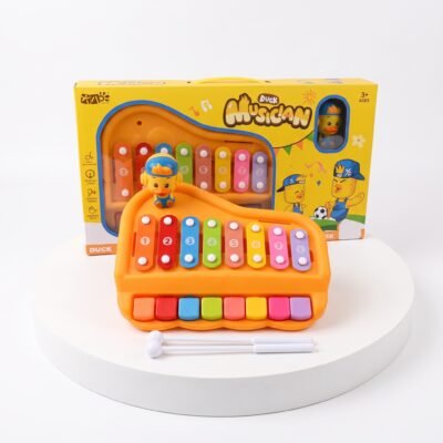 Vibrant 2-in-1 baby piano and xylophone musical toy for toddlers featuring colorful numbered keys and playing mallets. This educational instrument safely helps improve hand-eye coordination and sensory development.