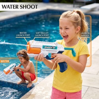 Kids playing with the versatile 2-in-1 Water Blaster and Soft Foam Ball Shooter Toy Gun in a pool. This dual-mode toy features a rapid water squirter and safe EVA soft balls for continuous indoor and outdoor entertainment.