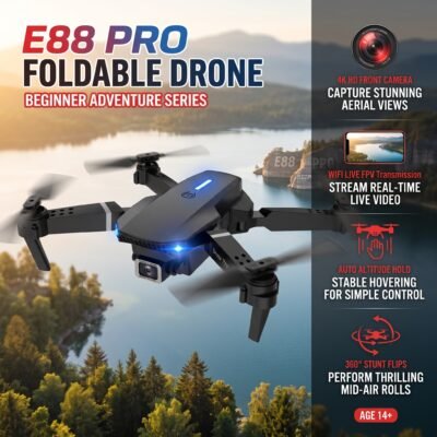 E88 Pro Foldable Drone featuring a 4K HD dual camera soaring outdoors over a scenic lake. This beginner-friendly RC drone captures stunning aerial views and streams real-time FPV live videos.