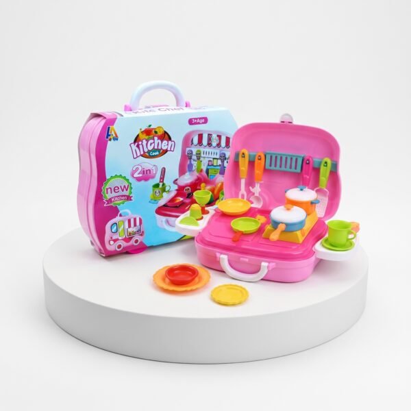 Pink kids portable kitchen cooking set and pretend play briefcase packed with colorful play food and utensils. This educational toy easily folds into a compact suitcase for mess-free storage and travel.