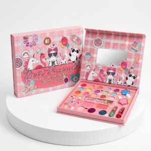 Pink 29-in-1 kids washable makeup kit and girls cosmetic play set featuring non-toxic eyeshadow, blush, and nail polish for safe pretend play.