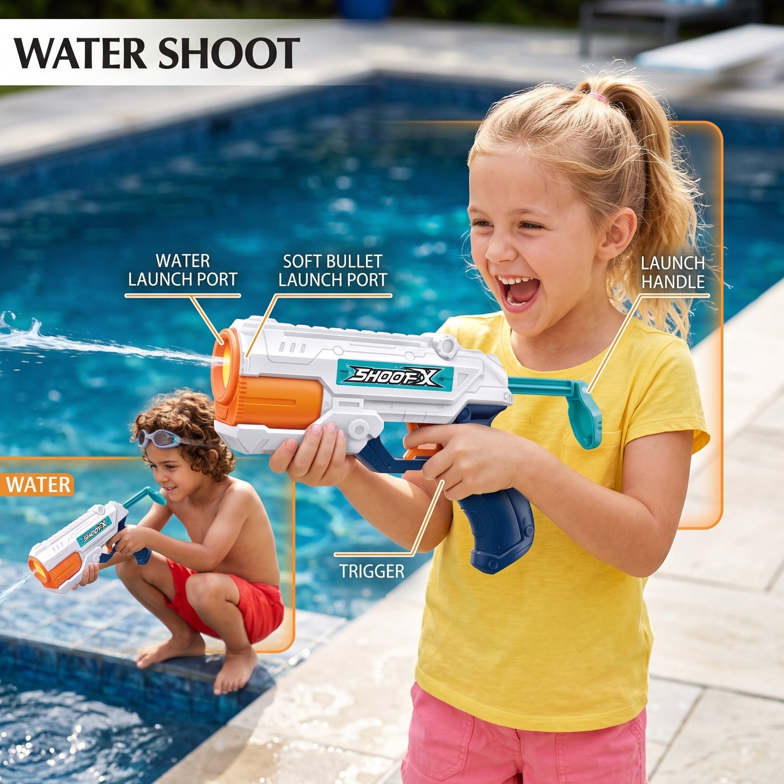 Kids playing with the versatile 2-in-1 Water Blaster and Soft Foam Ball Shooter Toy Gun in a pool. This dual-mode toy features a rapid water squirter and safe EVA soft balls for continuous indoor and outdoor entertainment.