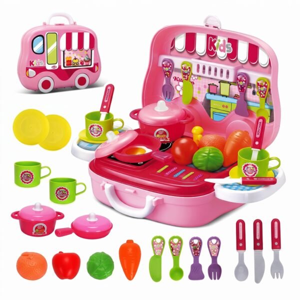 Pink kids portable kitchen cooking set and pretend play briefcase packed with colorful play food and utensils. This educational toy easily folds into a compact suitcase for mess-free storage and travel.