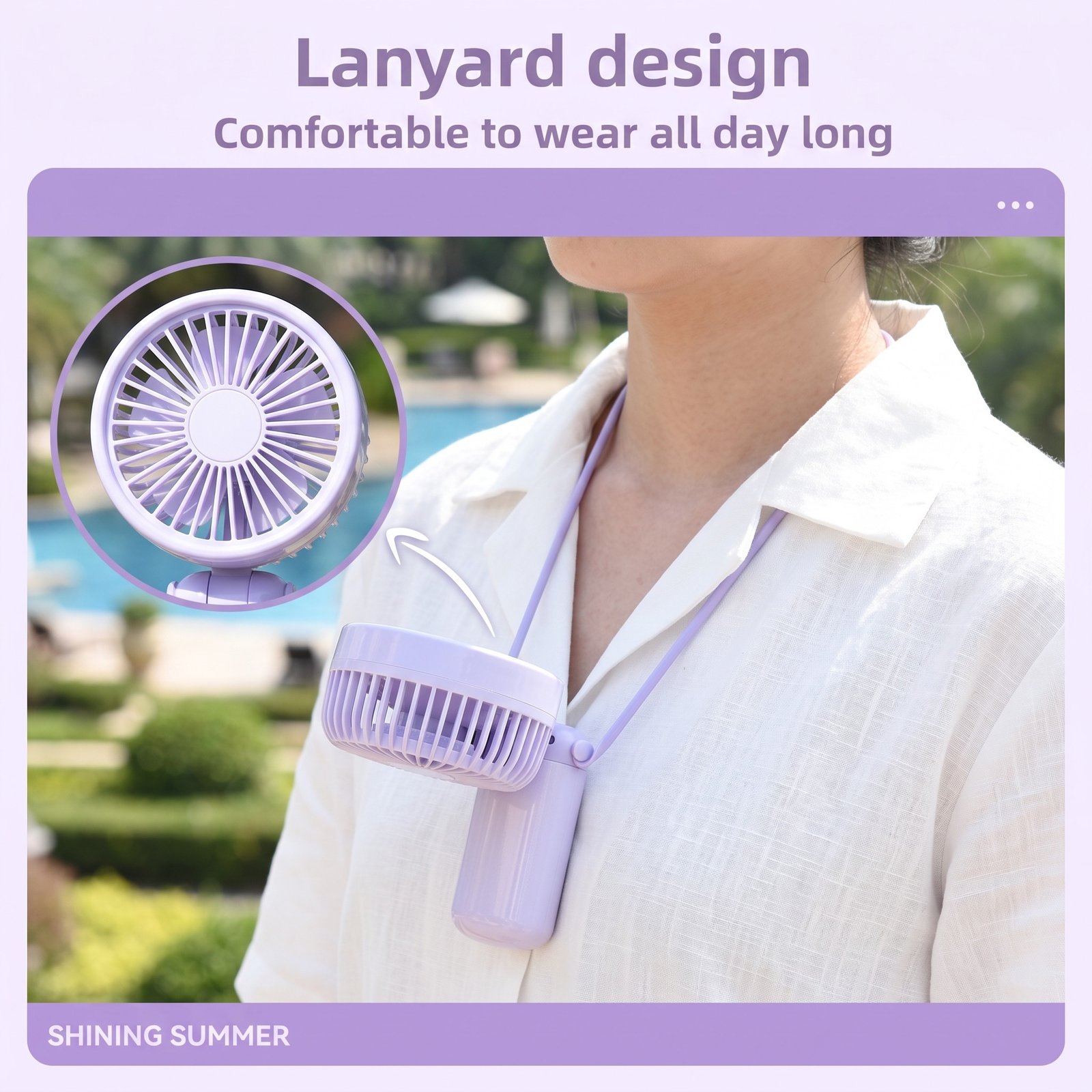 Woman wearing a purple foldable portable handheld fan with a lanyard design for outdoor travel and office use. This lightweight and USB rechargeable fan is easy to hold for extended periods.