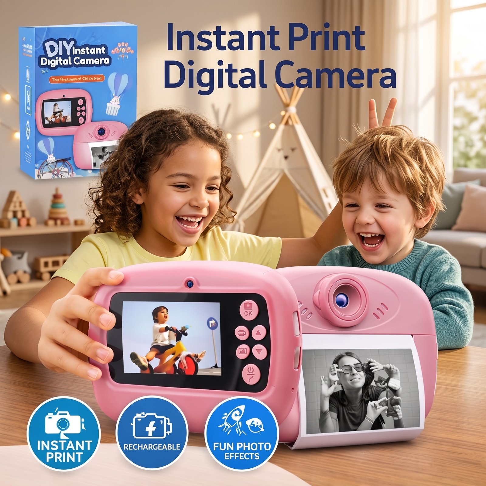 Happy kids playing with the Kids Instant Digital Print Camera that captures HD video and instantly prints photos using zero-ink thermal technology.